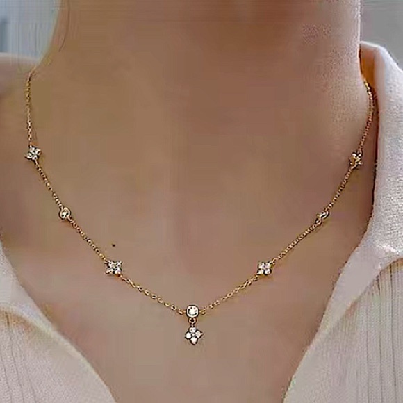 Gold Four Leaf Clover Zircon Dainty Tiny Delicate Necklace - Picture 6 of 13
